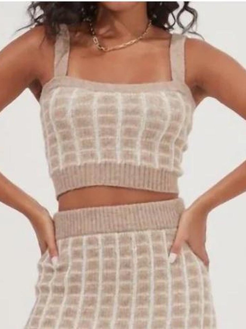 Astr Briarwood Checkered Beige Plaid Knit Sweater Crop Top Soft Fuzzy Texture S